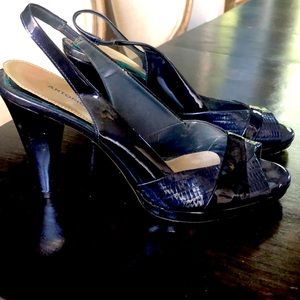 Navy blue patent leather sling back heels